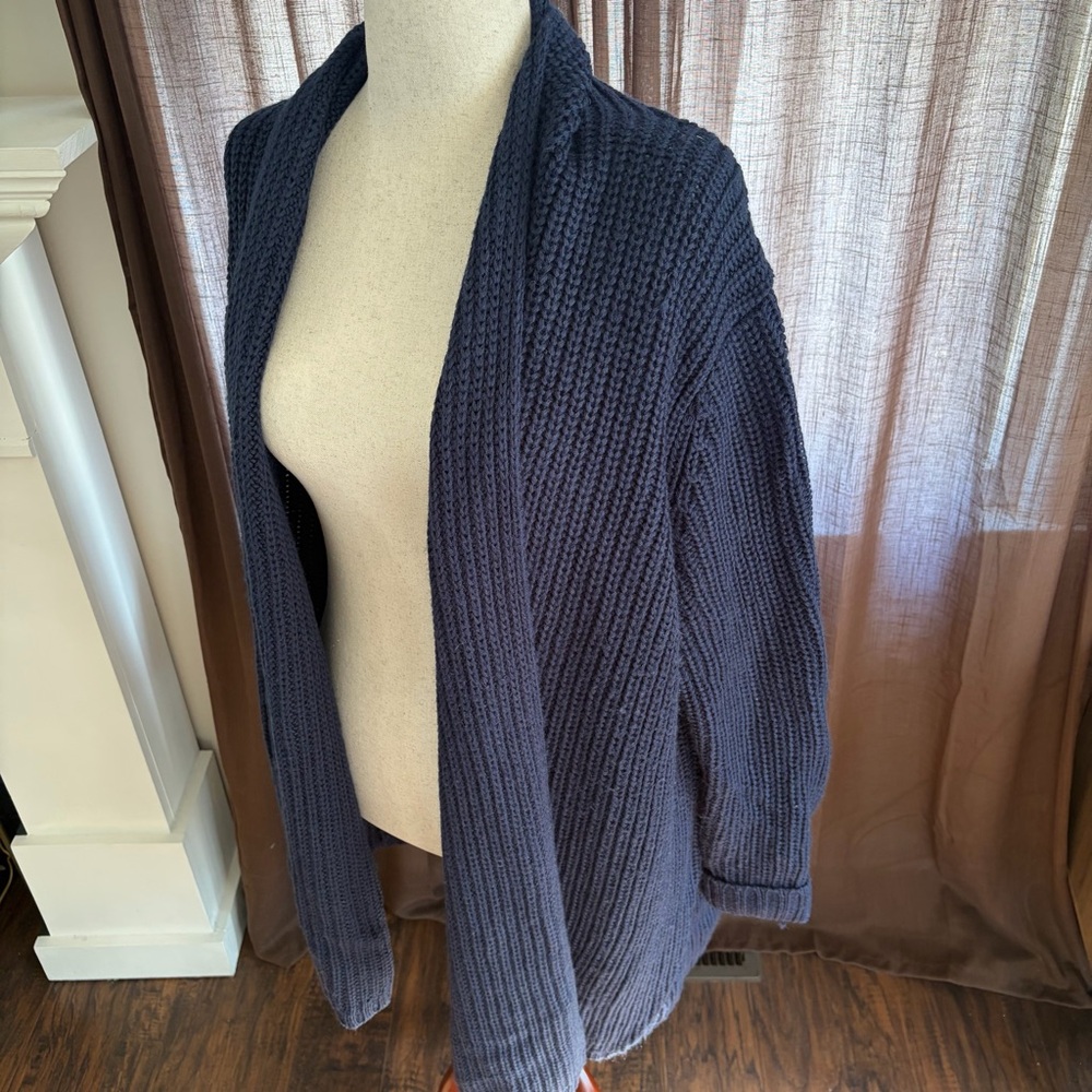 Soft Surroundings Wool Blend Navy Chunky Fisherman Cardigan Sweater